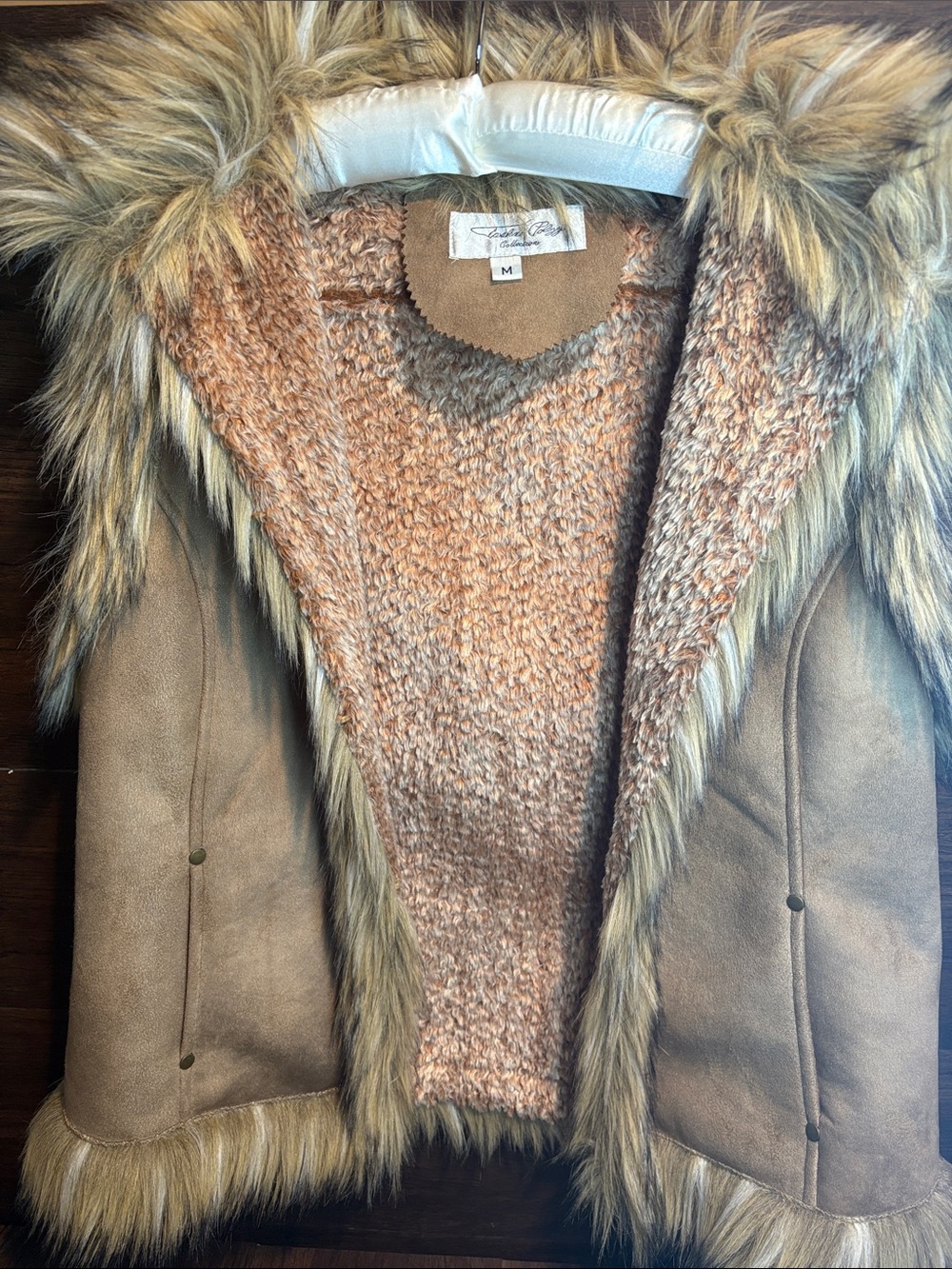 Cozy Faux-Suede Teddy Vest with Faux Fur Trim - Tan Size M